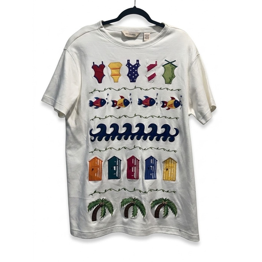 Bechamel Vintage White Cotton Embroidered Beach Theme T-Shirt Size Large